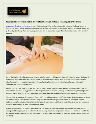 Acupuncture Treatment in Toronto: Natural Healing for Body and Mind