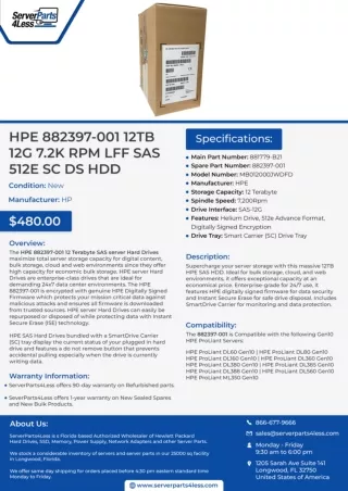 Buy HPE 882397-001 12TB 12G 7.2K RPM LFF SAS 512E SC DS HDD