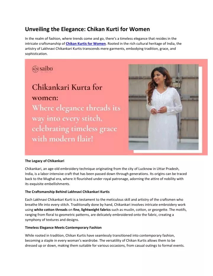 unveiling the elegance chikan kurti for women