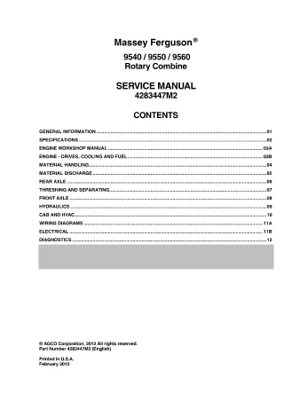 Massey Ferguson 9550 Rotary Combine Service Repair Manual