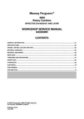 Massey Ferguson 9895 Rotary Combine Service Repair Manual (EFFECTIVE SN HUC8101 AND LATER)