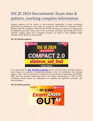 SSC JE 2024 Recruitment Exam date & pattern, coaching complete information
