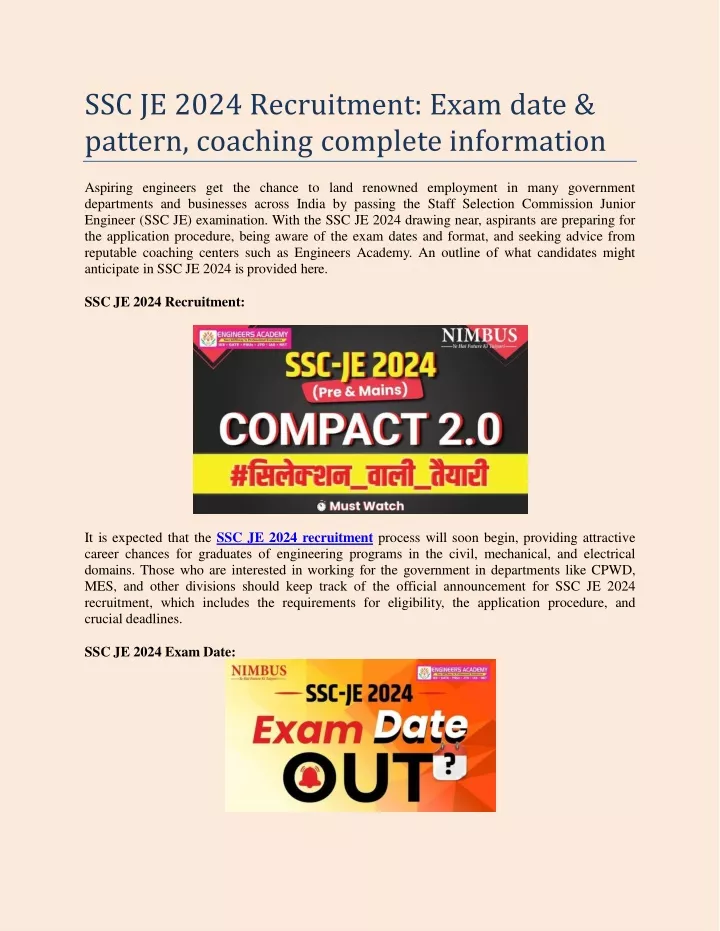 ssc je 2024 recruitment exam date pattern coaching complete information