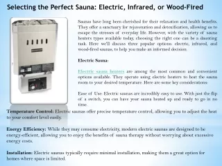 Selecting the Perfect Sauna Electric, Infrared, or Wood-Fired