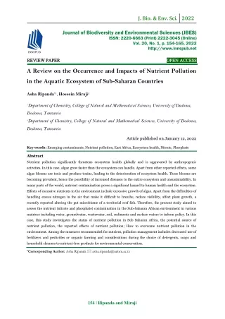 A Review on the Occurrence and Impacts of Nutrient Pollution in the Aquatic