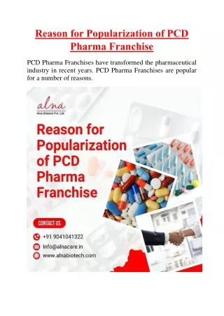 Reason for Popularization of PCD Pharma Franchise