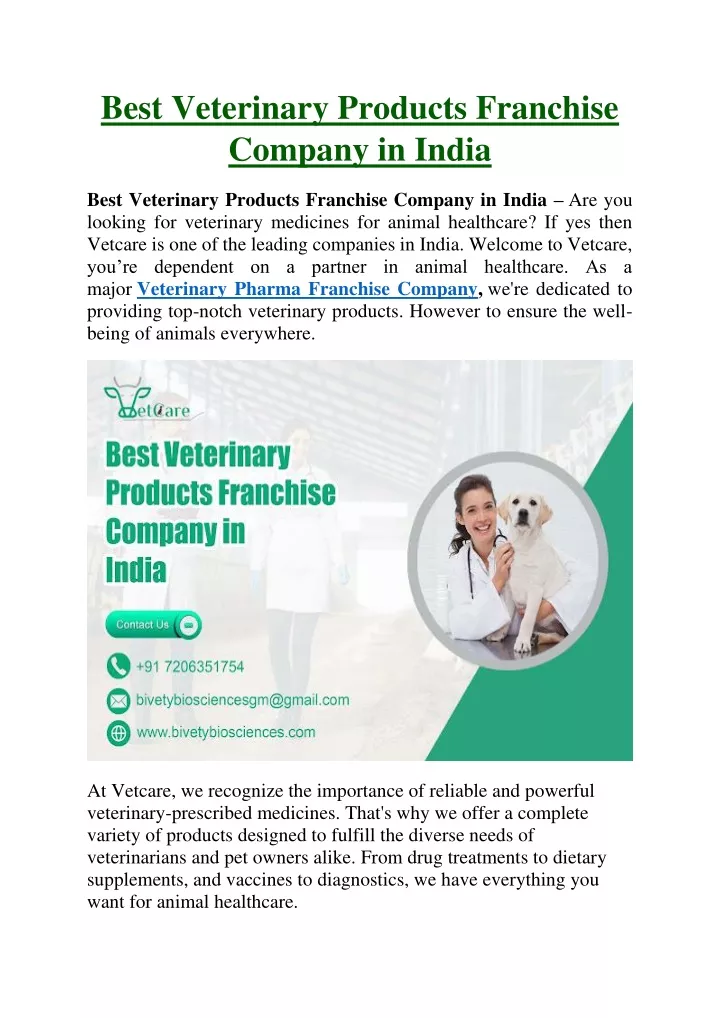best veterinary products franchise company