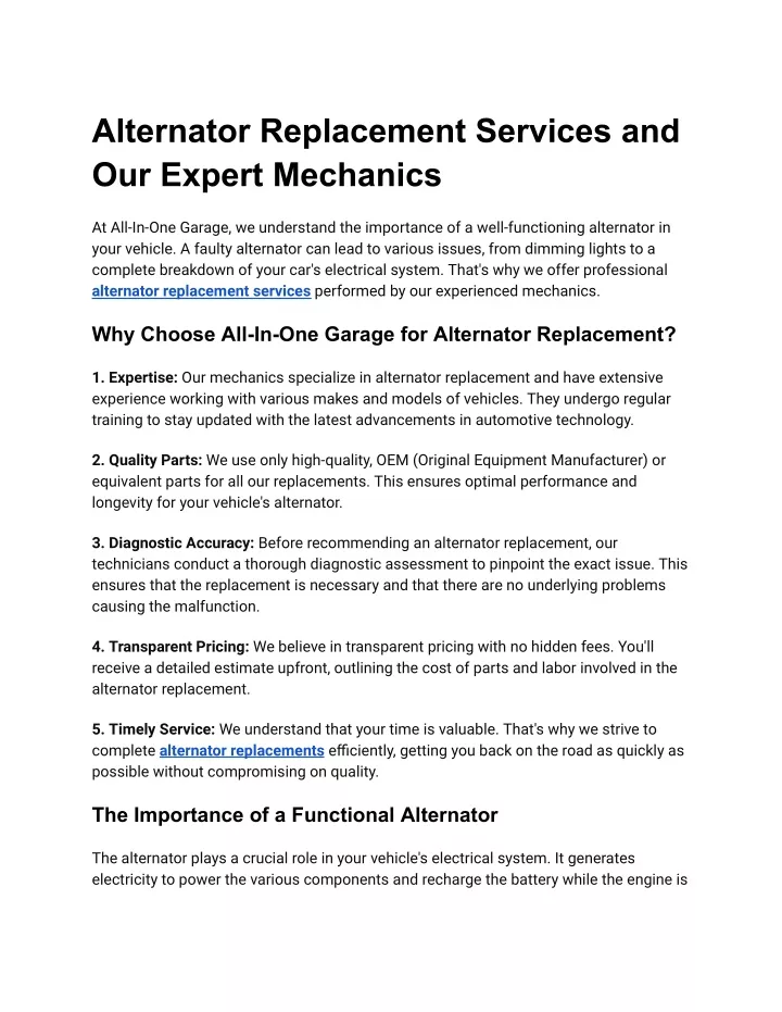 alternator replacement services and our expert