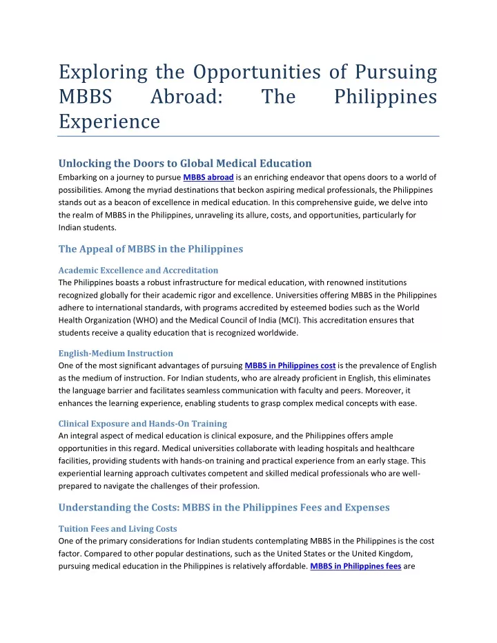 exploring the opportunities of pursuing mbbs