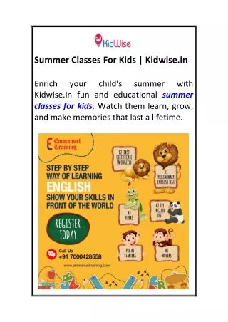 Summer Classes For Kids  Kidwise.in