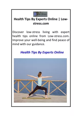Health Tips By Experts Online  Low-stress.com