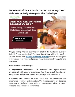 Are You Fed of Your Stressful Life Do ot Worry; Take Male to Male Body Massage at Blue Orchid Spa