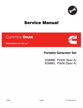 Cummins Onan EGMBB, P2400 (SPEC A) Generator Service Repair Manual