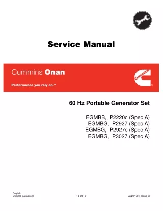 Cummins Onan EGMBG P3027 60 Hz Portable Generator Set Service Repair Manual