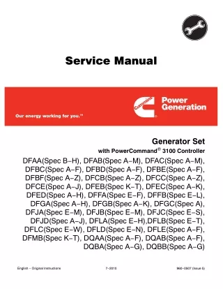 Cummins Onan Generator Set with Power Command 3100 Controller Model (DFFA ) Service Repair Manual