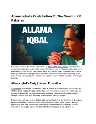 Allama Iqbal’s Contribution To The Creation Of Pakistan