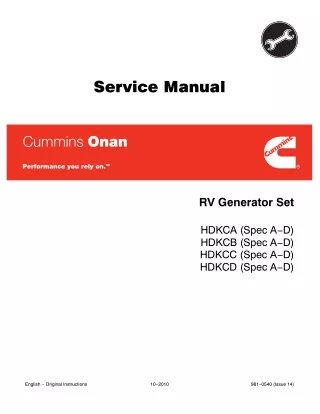 Cummins Onan HDKCA RV Generator Set Service Repair Manual