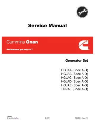 Cummins Onan HGJAA Generator Set Service Repair Manual