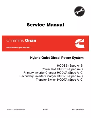 Cummins Onan HQDSB Hybrid Quiet Diesel Power System Service Repair Manual