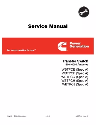 CUMMINS ONAN WBTPCH POWER GENERATION TRANSFER SWITCH 1200-4000 AMPERES Service Repair Manual