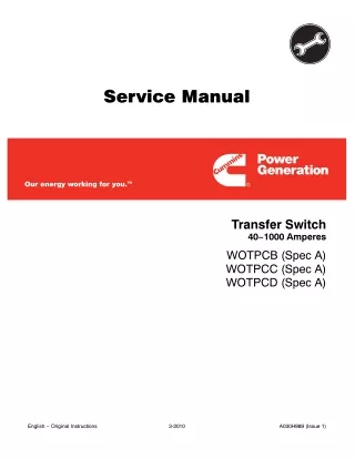 CUMMINS ONAN WOTPCB POWER GENERATION TRANSFER SWITCH 40-1000 AMPERES Service Repair Manual