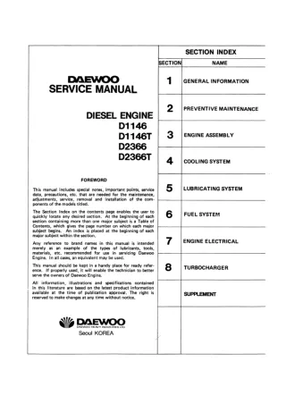 Daewoo Doosan D2366 Diesel Engine Service Repair Manual