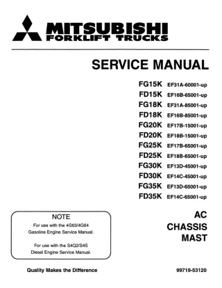 MITSUBISHI FD15K FORKLIFT TRUCKS CHASSIS AND MAST Service Repair Manual SN：EF16B-65001-UP