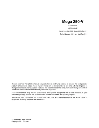 Daewoo Doosan Mega 250-V 250V Wheel Loader Service Repair Manual - Serial Number 3001 thru 4000 (Tier I)