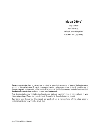Daewoo Doosan Mega 250-V 250V Wheel Loader Service Repair Manual - SN 1001 thru 2000 (Tier I)
