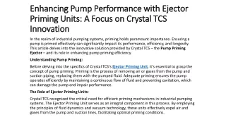 Enhancing Pump Performance with Ejector Priming Units: A Focus on Crystal TCS