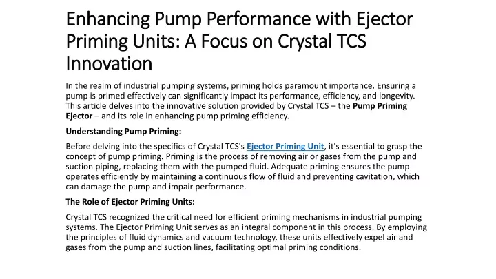 enhancing pump performance with ejector priming units a focus on crystal tcs innovation