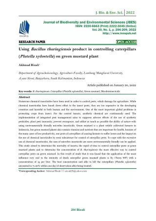 Using Bacillus thuringiensis product in controlling caterpillars (Plutella xylos
