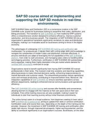 SAP SD course aimed at implementing and supporting the SAP SD module in real-tim