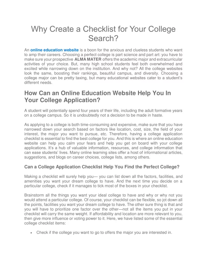 why create a checklist for your college search