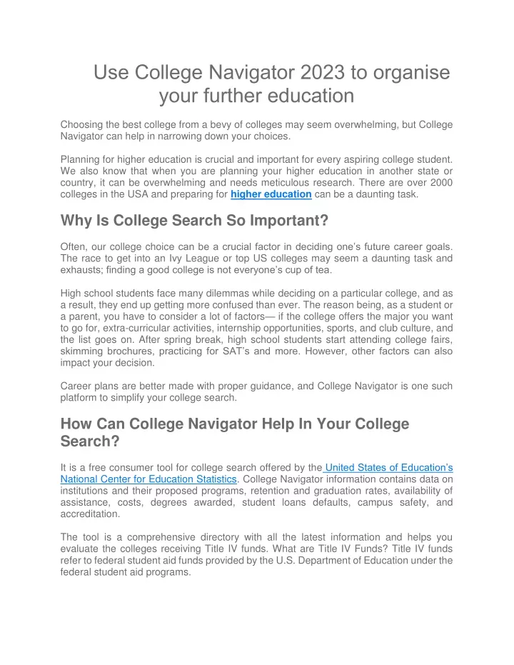 PPT - Use College Navigator 2023 to organise your further education ...