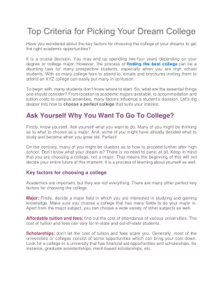 Top Criteria for Picking Your Dream College