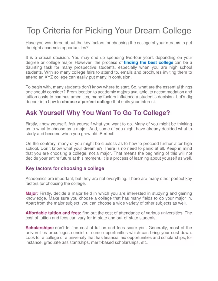 top criteria for picking your dream college