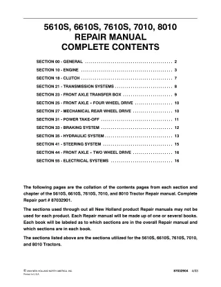 New Holland 8010 Tractor Service Repair Manual