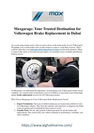 Efficient Volkswagen Brake Replacement Services in Dubai