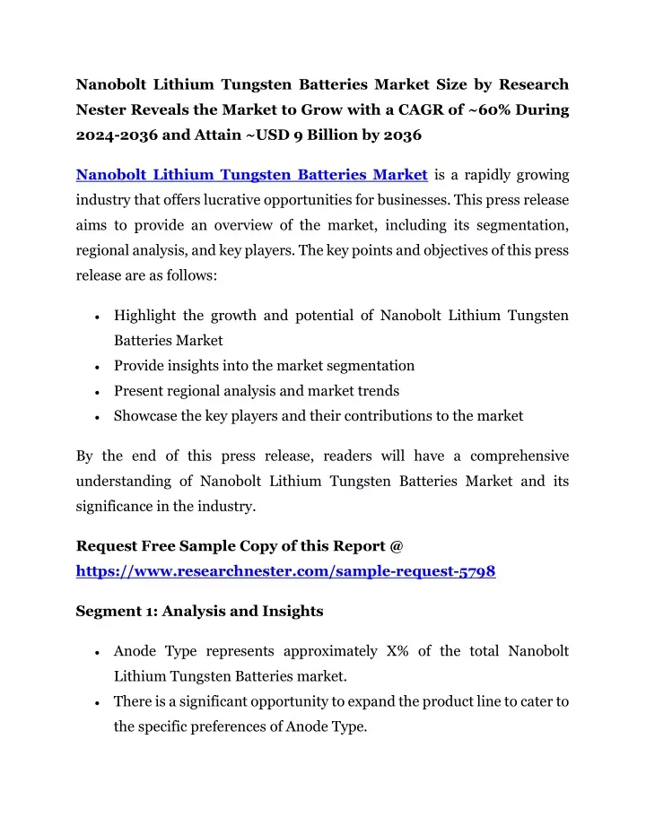 nanobolt lithium tungsten batteries market size