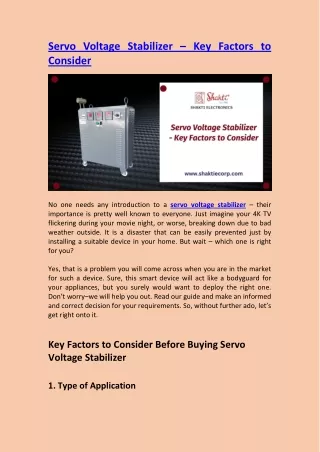 Servo Voltage Stabilizer – Key Factors to Consider