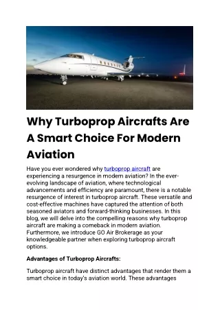 Why Turboprop Aircrafts Are A Smart Choice For Modern Aviation