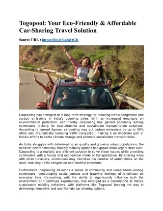 Togopool Your Eco-Friendly & Affordable Car-Sharing Travel Solution