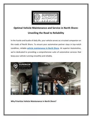 Optimal Vehicle Maintenance and Service in North Shore
