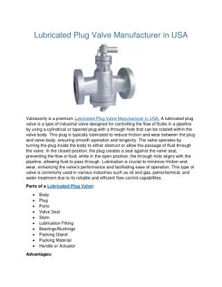 Lubricated Plug Valve Manufacturer in USA