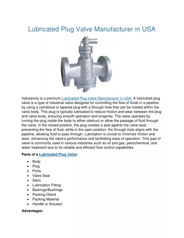 lubricated plug valve manufacturer in usa