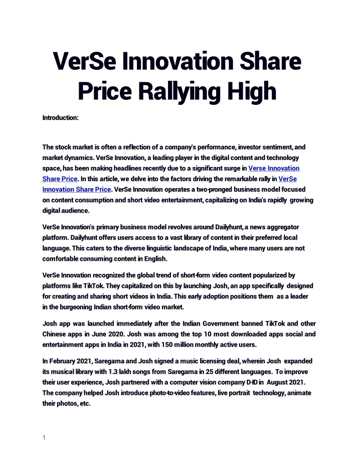 verse innovation share price rallying high