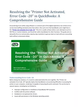 Resolving the Resolving the Printer Not Activated, Error- Code 20 in QuickBooks A Comprehensive Guide