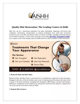 Quality Hair Restoration The Leading Centers in Delhi