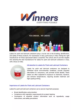 Labels for paint & lubricant containers manufacturer in Asia, India